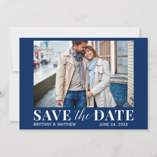 Modernes trendy Foto Navy Blue Save The Date (Vorderseite)