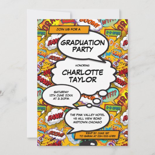 Modernes Trendy Graduation Party Fun Comic Book Einladung (Vorderseite)
