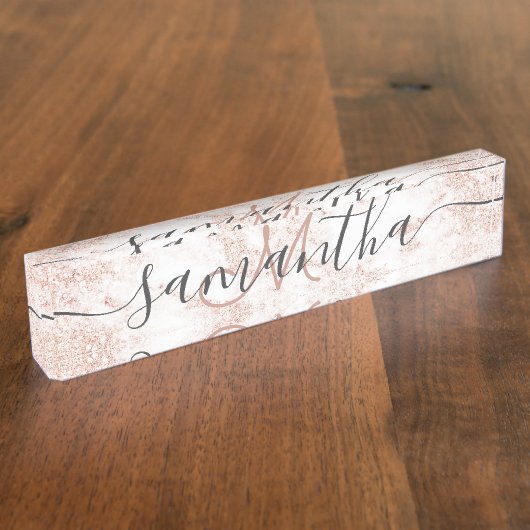 Modernes trendy RosengoldGlitter-Marmormonogramm Namensplakette (Seite)