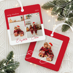 Modernes, trendy, rotes und weißes Foto Monogram 3 Ornament Aus Metall