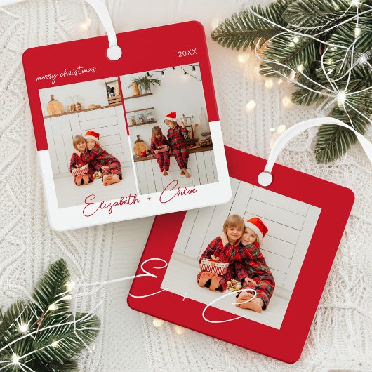 Modernes, trendy, rotes und weißes Foto Monogram 3 Ornament Aus Metall