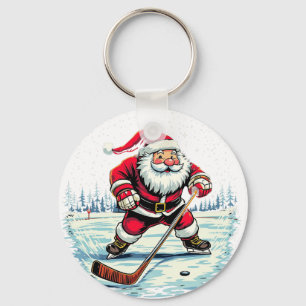 Modernes trendy Santa Playing Ice Hockey Schlüsselanhänger