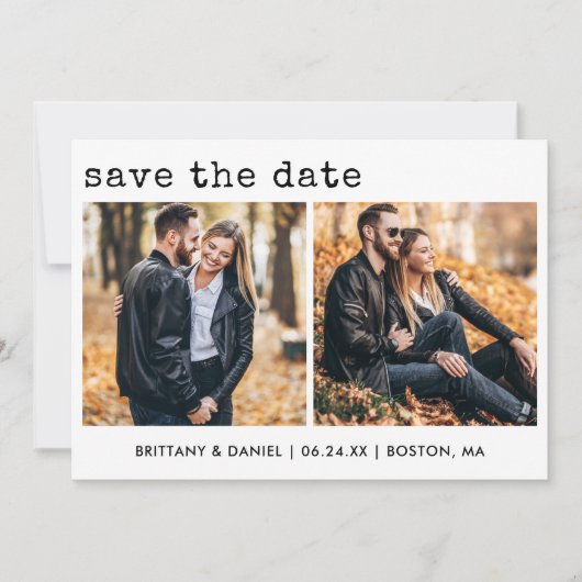 Modernes, trendy Schreibmaschine Text 2 Foto Save The Date (Vorderseite)