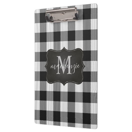 Modernes trendy Schwarz-weiß Buffalo Kariert Monog Klemmbrett (Links)