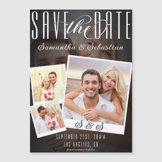 Modernes, trendy Script 3 Foto Wedding Save the Da Magneteinladung (Vorderseite)