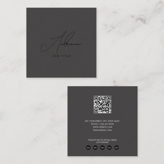 Modernes, trendy Script Black Social Media QR Code Quadratische Visitenkarte (Vorne/Hinten)