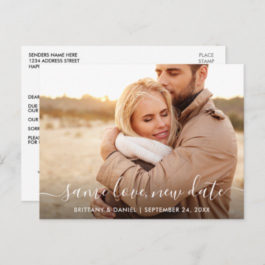 Modernes, trendy Script derselben Liebe Neues Date Postkarte (Vorne/Hinten)