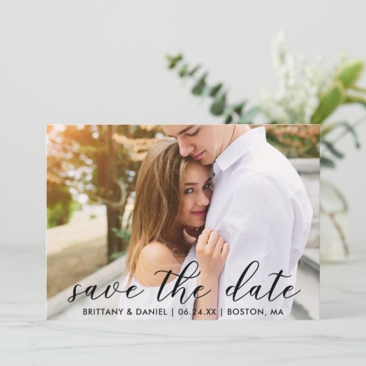 Modernes trendy Script-Foto Save The Date (Stehend Vorderseite)