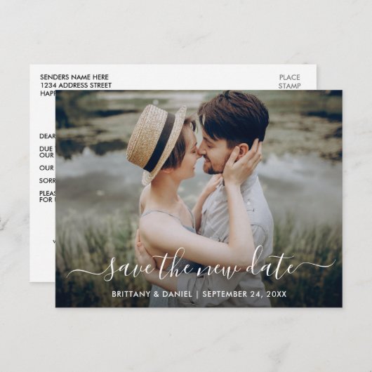 Modernes Trendy Script Rette das neue Date Foto Postkarte (Vorne/Hinten)
