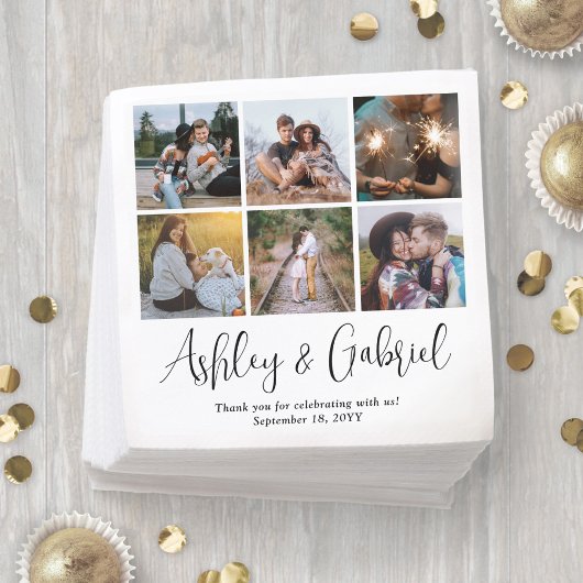 Modernes, trendy Script und 6 Foto Collage Wedding Serviette