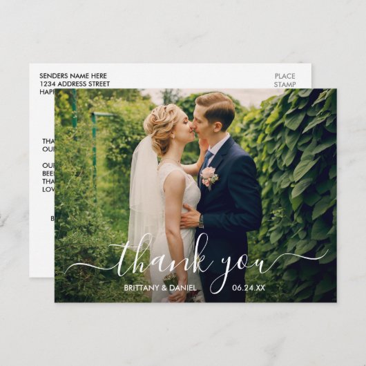 Modernes, trendy Script Wedding Foto Vielen Dank Postkarte (Vorne/Hinten)