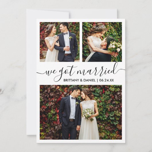 Modernes, trendy Script Wir Got Verheiratet 3 Foto Ankündigung (Vorderseite)