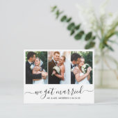 Modernes, trendy Script Wir Got Verheiratet 3 Foto Postkarte (Stehend Vorderseite)