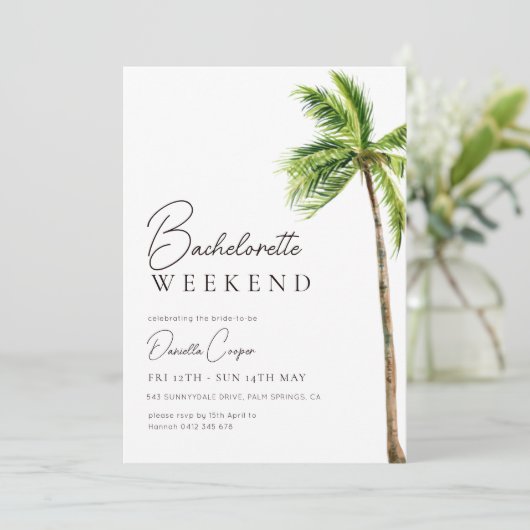 Modernes Tropical Palm Bachelorette Wochenende Einladung (Stehend Vorderseite)