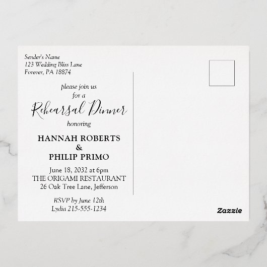 Modernes Tropical Probe Dinner Gold Folie Einladungspostkarte (Rückseite)