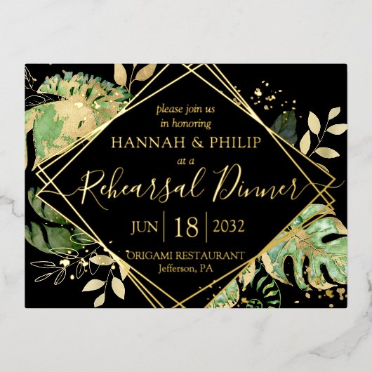 Modernes Tropical Probe Dinner Gold Folie Einladungspostkarte (Vorderseite)