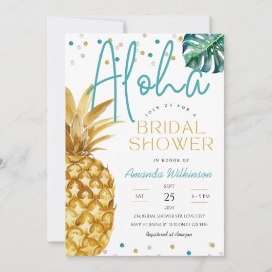 Modernes tropisches Aloha Sommer- oder Luau-Brautp Einladung (Vorderseite)