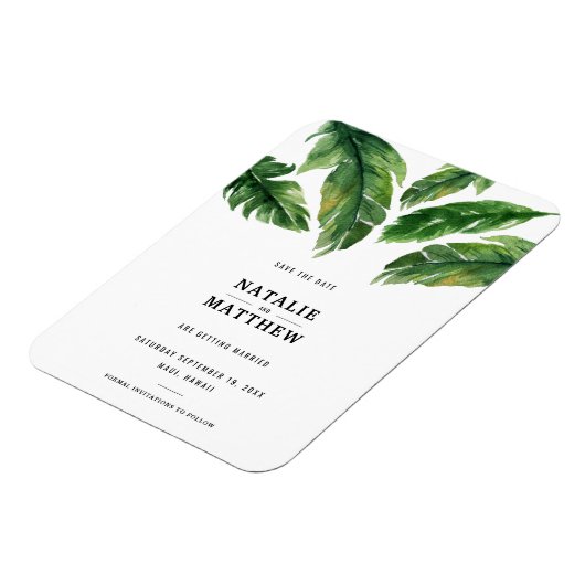 Modernes tropisches Blatt Save the Date Magnet (Linke Seite)