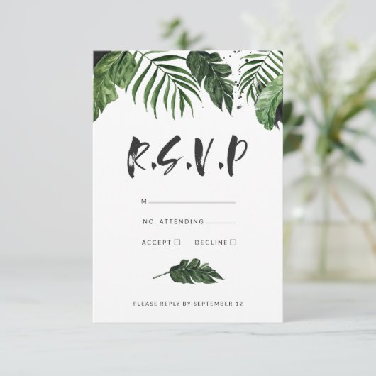 Modernes tropisches Blattwerk RSVP Karte (Stehend Vorderseite)
