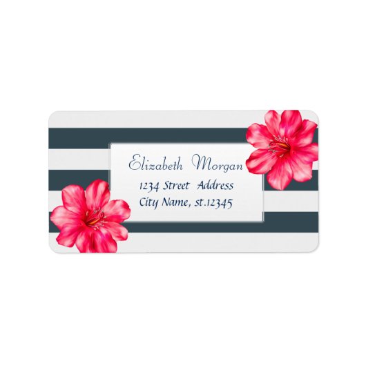 Modernes Tropisches "Hibiskus Navy Blue Strip Labe Adressaufkleber (Vorne)
