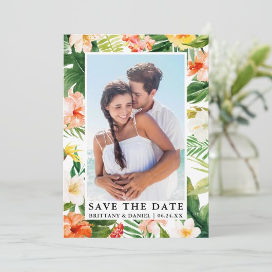 Modernes tropisches Korallenfloral-Foto Save The Date (Stehend Vorderseite)