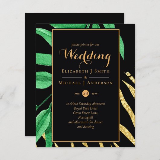 Modernes tropisches Leaf Gold Black Wedding Budget (Vorne/Hinten)