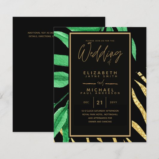 Modernes tropisches Leaf Gold Black Wedding Budget (Vorne/Hinten)