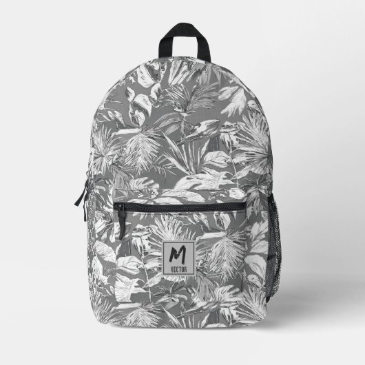 Modernes, tropisches Leaf-Grau-White-Monogramm-Des Bedruckter Rucksack (Vorderseite)
