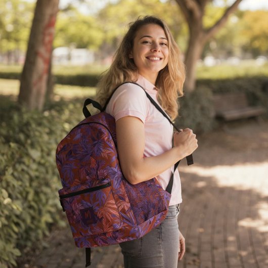 Modernes, tropisches Leaf-rotes Lila Monogramm-Des Bedruckter Rucksack