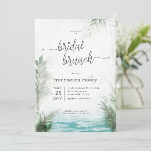 Modernes tropisches Meer & Palms Bridal Brunch Einladung (Stehend Vorderseite)