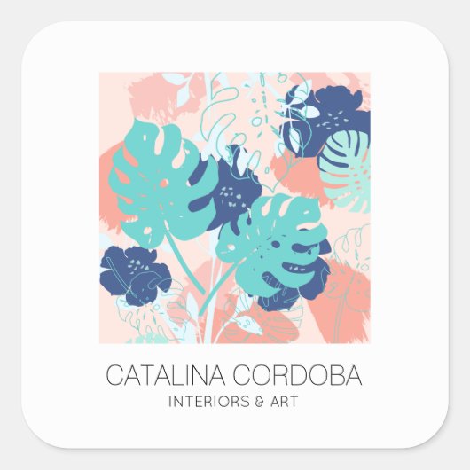 Modernes tropisches Monstera-Leaf-Muster Pfirsich/ Quadratischer Aufkleber (Vorderseite)