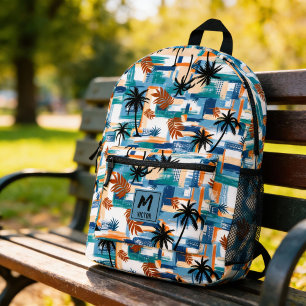 Modernes tropisches Prüfmuster Blaues Monogramm Bedruckter Rucksack