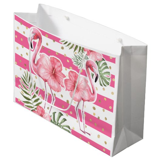 Modernes tropisches rosa Flamingos Blumengeschenk Große Geschenktüte (Vorderseite Schrägansicht)