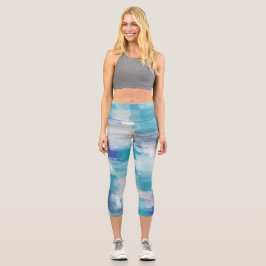 Modernes Türkis & Grau Wasserfarbe Abstrakt Art Capri Leggings