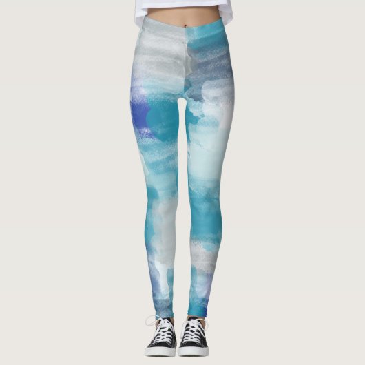 Modernes Türkis & Grau Wasserfarbe Abstrakt Art Leggings (Vorderseite)