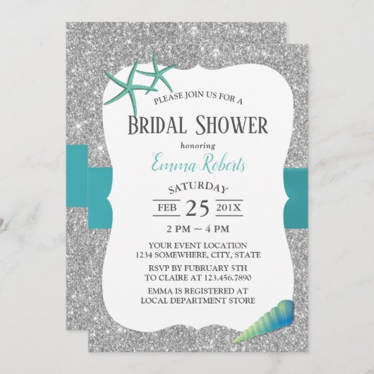 Modernes Türkis Starfish Silver Brautparty Einladung (Vorne/Hinten)