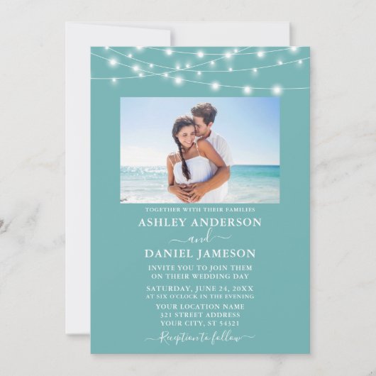 Modernes türkisfarbenes Blue String Lights Foto Ho Einladung (Vorderseite)