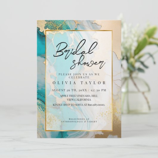 Modernes, türkisfarbenes Brautparty aus Marmor Einladung (Stehend Vorderseite)