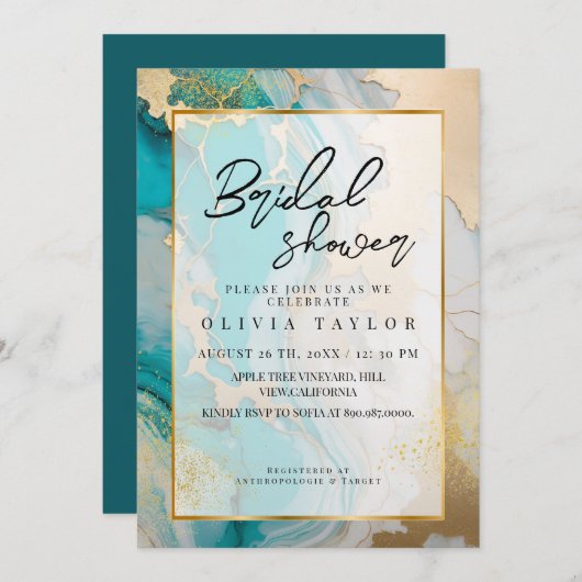 Modernes, türkisfarbenes Brautparty aus Marmor Einladung (Vorne/Hinten)