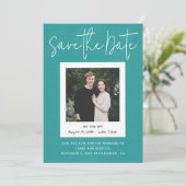 Modernes türkisfarbenes Foto der Verlobung Save th Einladung (Stehend Vorderseite)