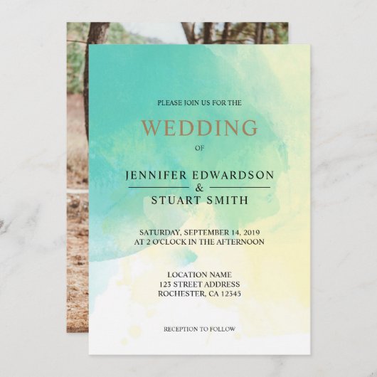 Modernes türkisfarbenes goldfarbenes Foto Hochzeit Einladung (Vorne/Hinten)