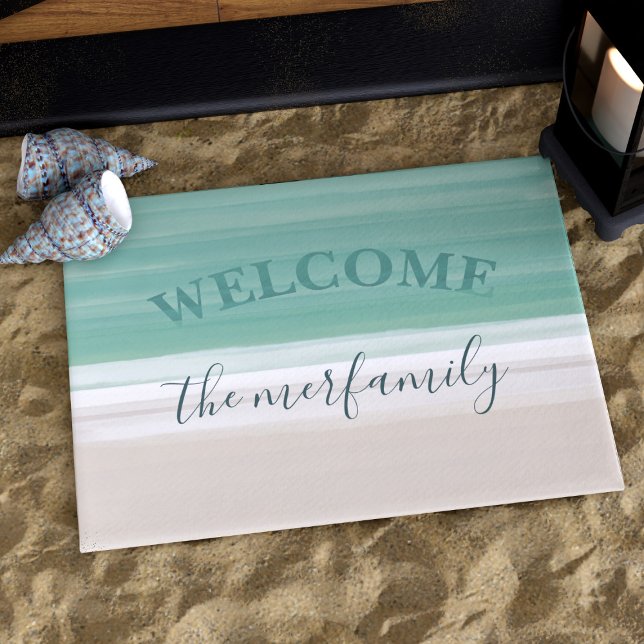 Modernes türkisfarbenes Ocean Beach Willkommen Fußmatte (An ocean beach themed doormat to welcome your guests at your Beach House. Just add your name)