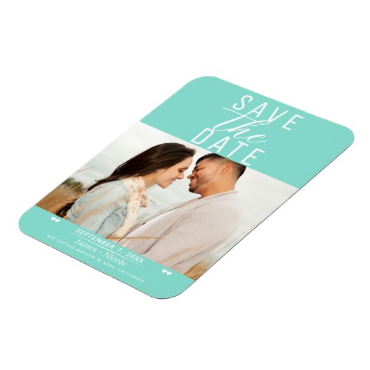 Modernes türkisfarbenes Save the Date Hochzeitssem Magnet (Linke Seite)