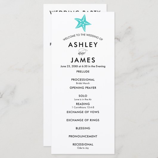 Modernes türkisfarbenes Starfish Hochzeitsprogramm Programm (Vorne/Hinten)