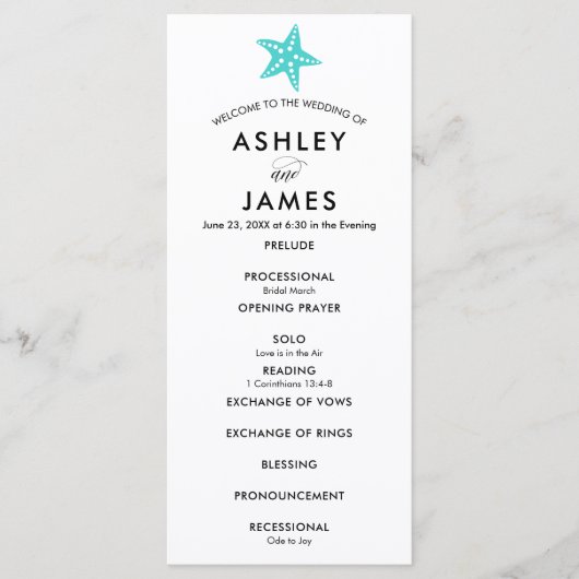 Modernes türkisfarbenes Starfish Hochzeitsprogramm Programm (Vorderseite)