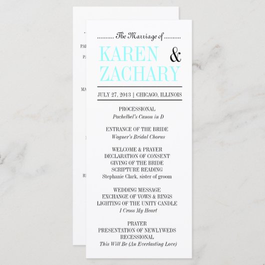 Modernes Typografie Black and Aqua Wedding Program Programm (Vorne/Hinten)