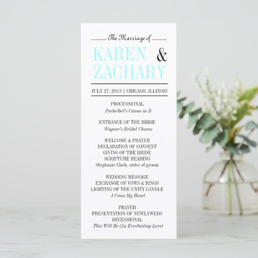 Modernes Typografie Black and Aqua Wedding Program Programm (Stehend Vorderseite)