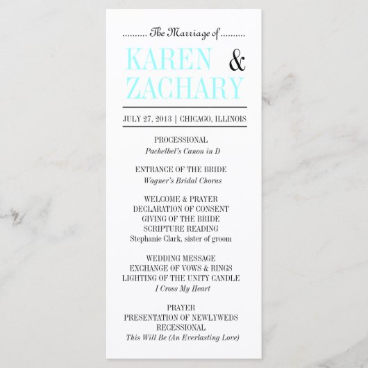 Modernes Typografie Black and Aqua Wedding Program Programm (Vorderseite)