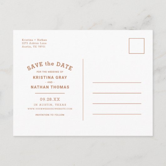 Modernes Typografie-Foto Save the Date Ankündigungspostkarte (Rückseite)