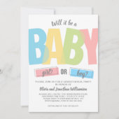 Modernes Typografie Gender Reveal Baby Shower Part Einladung (Vorderseite)
